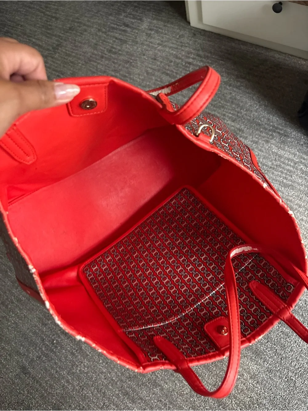 Tory Burch red Orange Gemini Link Canvas Open Top Large Tote Purse